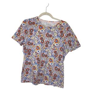 Talbots Red Pink Floral Print Tee | Bright Boho Preppy Short Sleeve Top Large